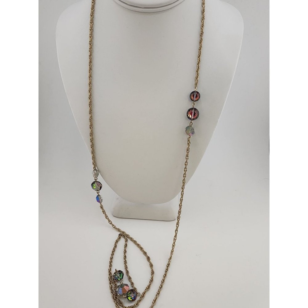 Vintage Ab Crystal & Chain Long Necklace (A3433)